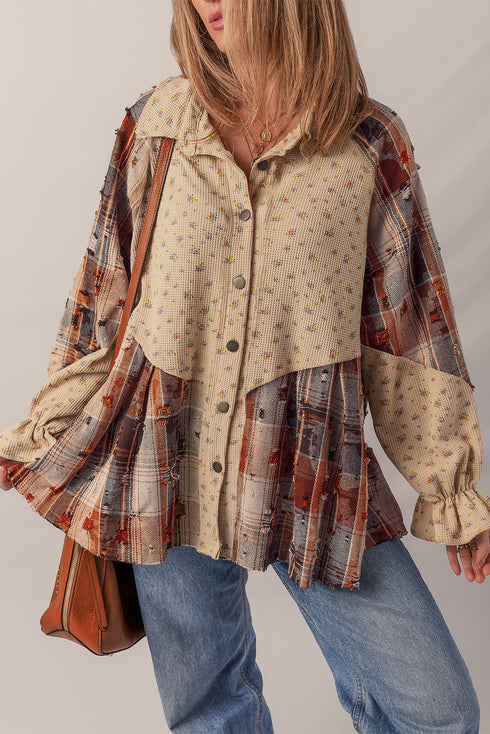 Boho Patchwork Plaid Waffle Knit Ruffled Sleeve Shackets
